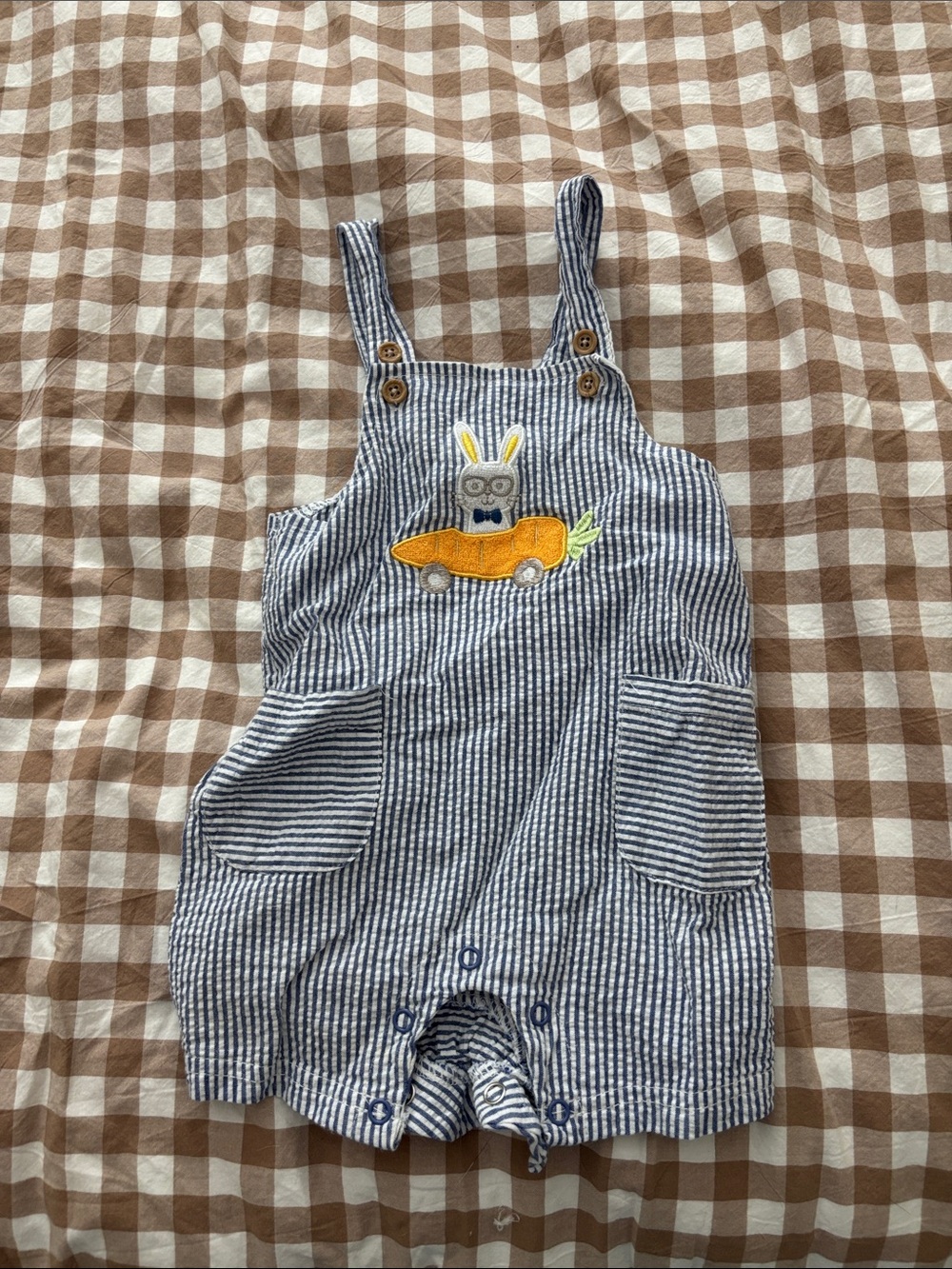 Striped Navy and White Baby Overalls with Rabbit Car Applique